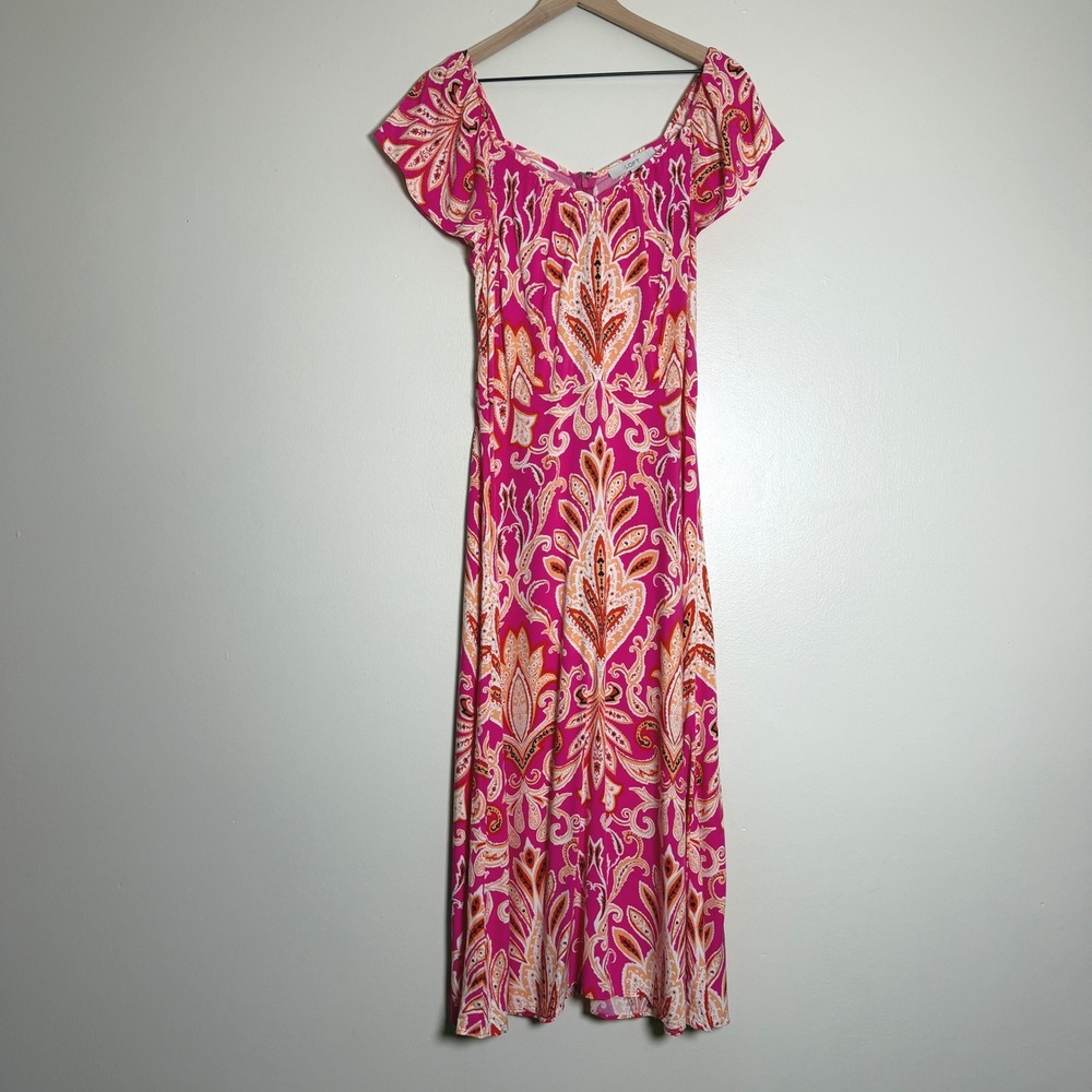 LOFT Womens Midi Dress 8 Pink Paisley Flutter Sleeve Maximalist Boho Summer